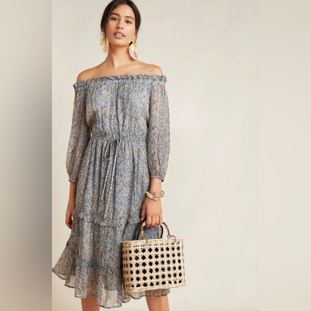 Anthropologie Kira Off Shoulder Blue Peasant Dress Drawstring Waist Size0